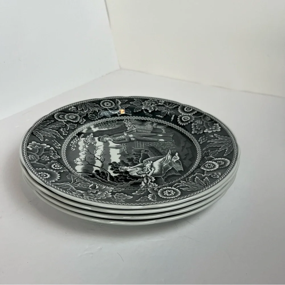Spode Georgian Series Woodman 10” Dinner Plates Black S3480-W England Set of 4